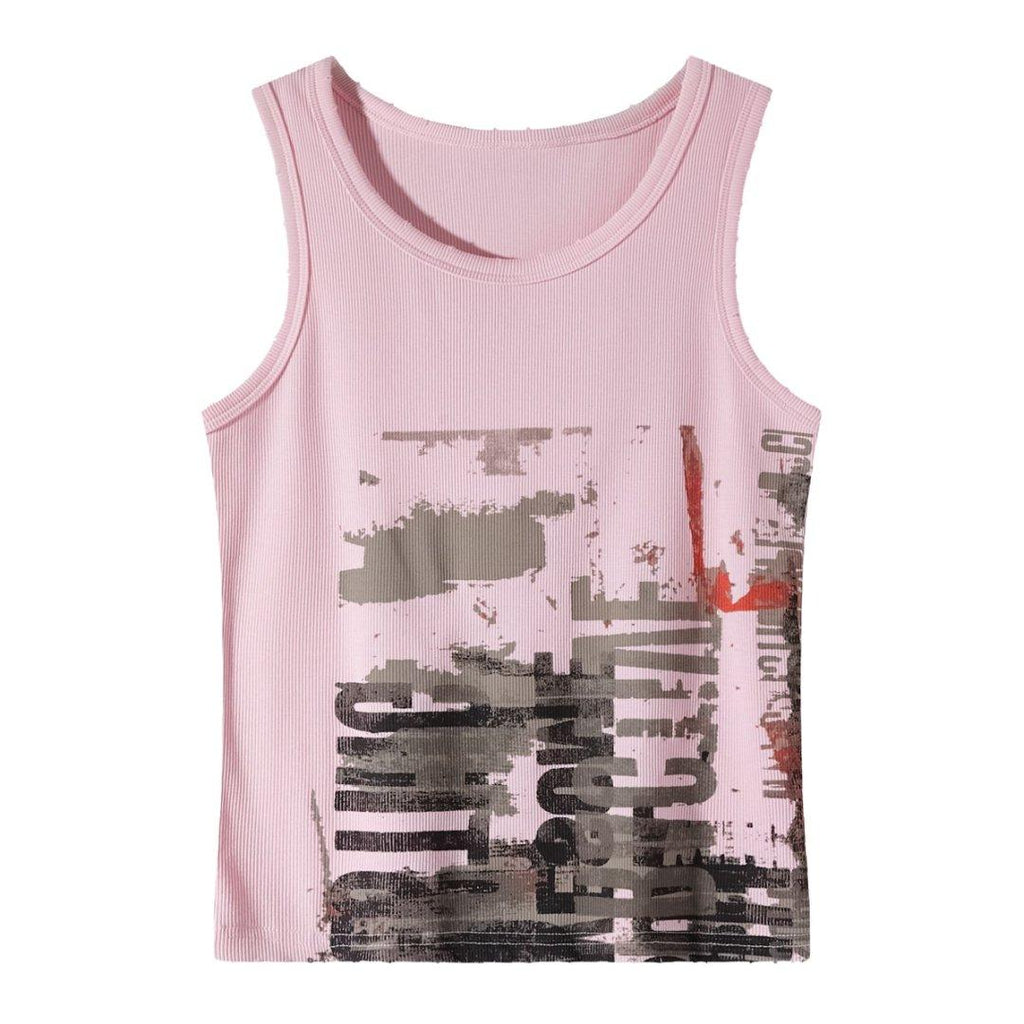 Women’s Vintage Graphic Ribbed Tank Top – Mocha Brown Y2K Streetwear Top
