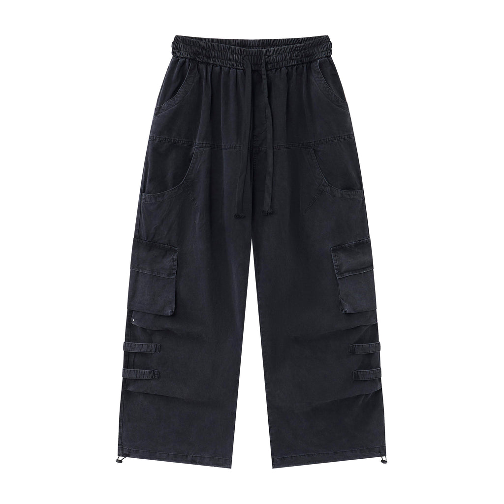 After Dark Women’s Washed Black Cargo Pants – Relaxed Wide-Leg Utility Streetwear Pants with Drawstring Waist
