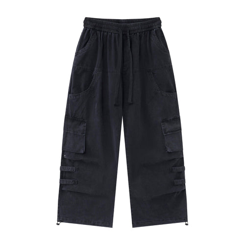After Dark Women’s Washed Black Cargo Pants – Relaxed Wide-Leg Utility Streetwear Pants with Drawstring Waist