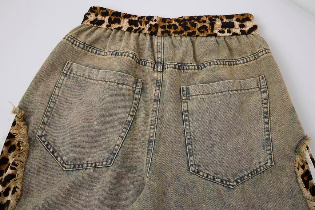 Women’s Leopard Panel Vintage-Wash Denim Track Pants – Deconstructed Baggy Straight-Leg Jeans