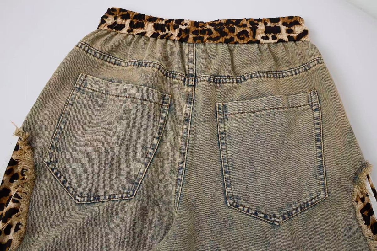 Women’s Leopard Panel Vintage-Wash Denim Track Pants – Deconstructed Baggy Straight-Leg Jeans