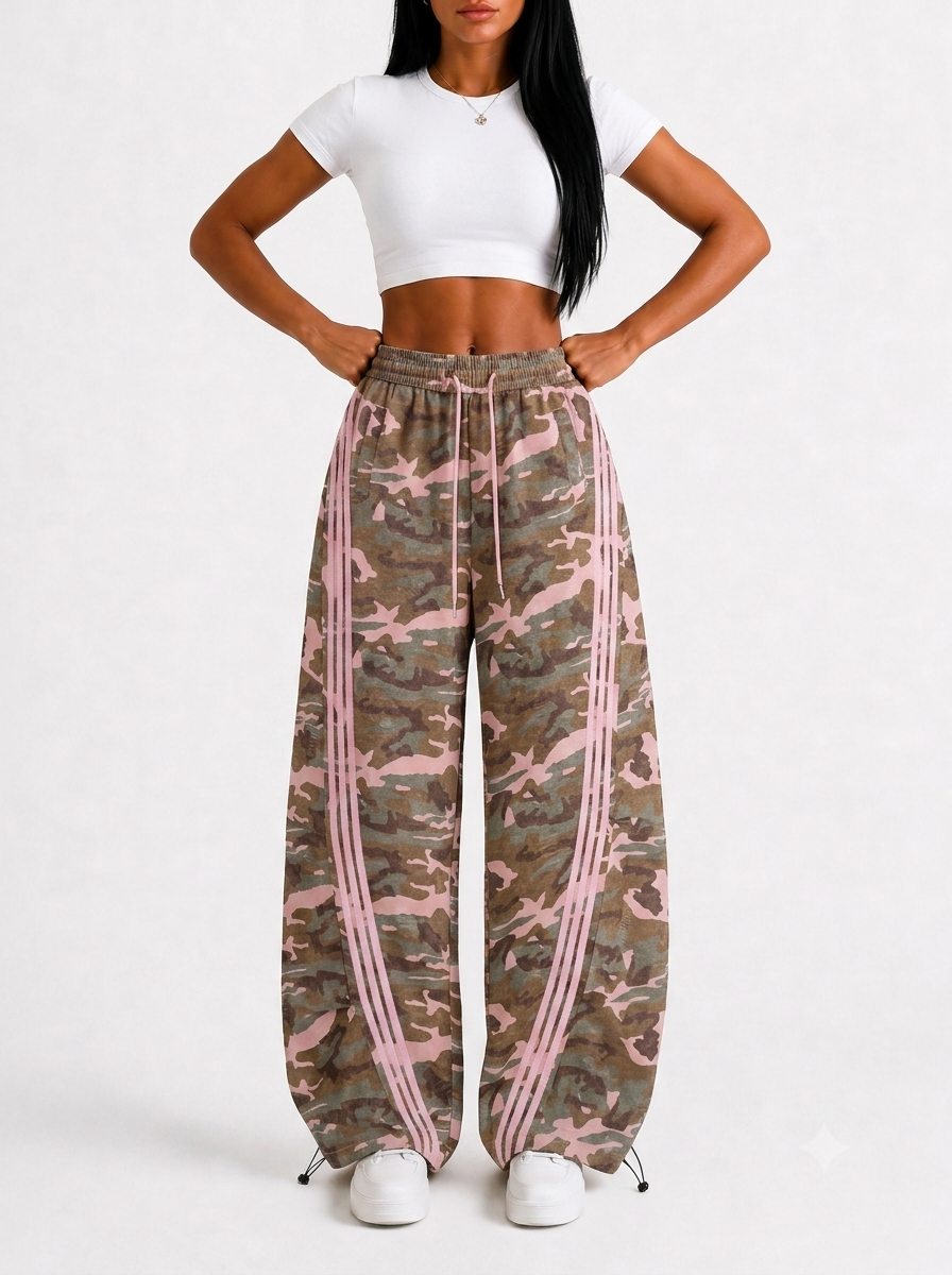 Aqua Recon Women’s Camo Track Pants – Baggy Barrel-Leg Streetwear Pants with Triple Side Stripes