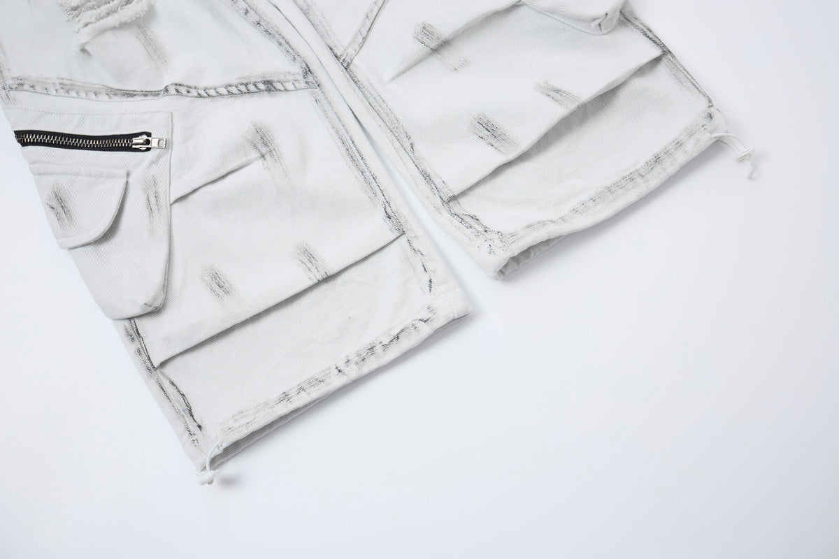 Women’s Arctic Rebel Distressed Cargo Jeans – White Baggy Wide-Leg Denim Pants with Zipper Details