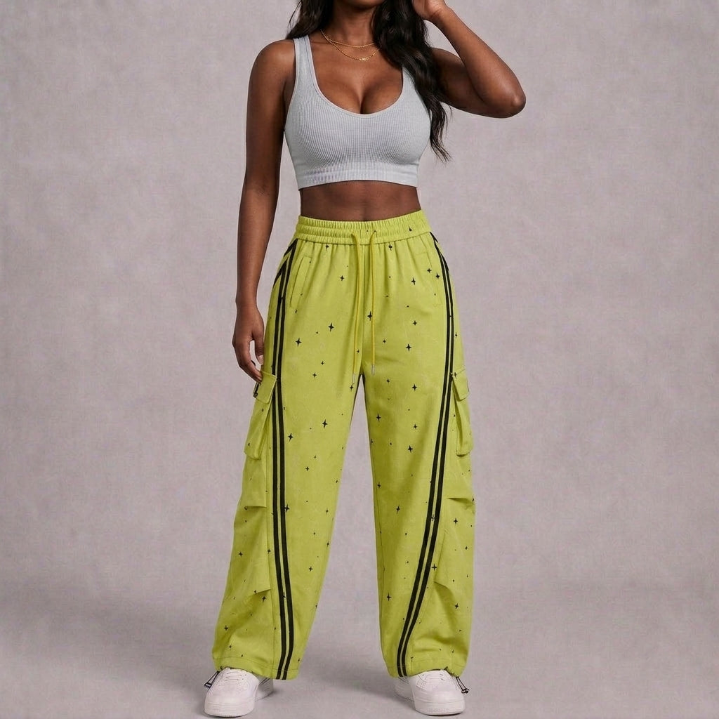 Women’s Electric Halo Star Cargo Pants – Yellow Washed Baggy Barrel Pants with Black Racing Stripes