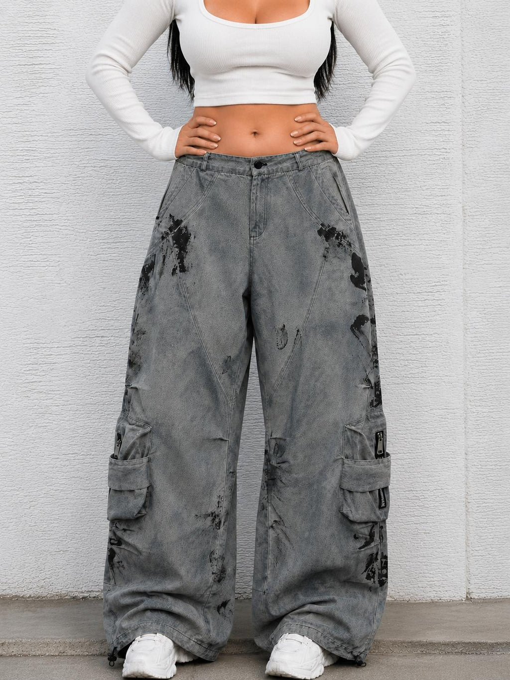 Women’s Concrete Canvas Graffiti Cargo Jeans – Washed Gray Baggy Wide-Leg Utility Denim Pants