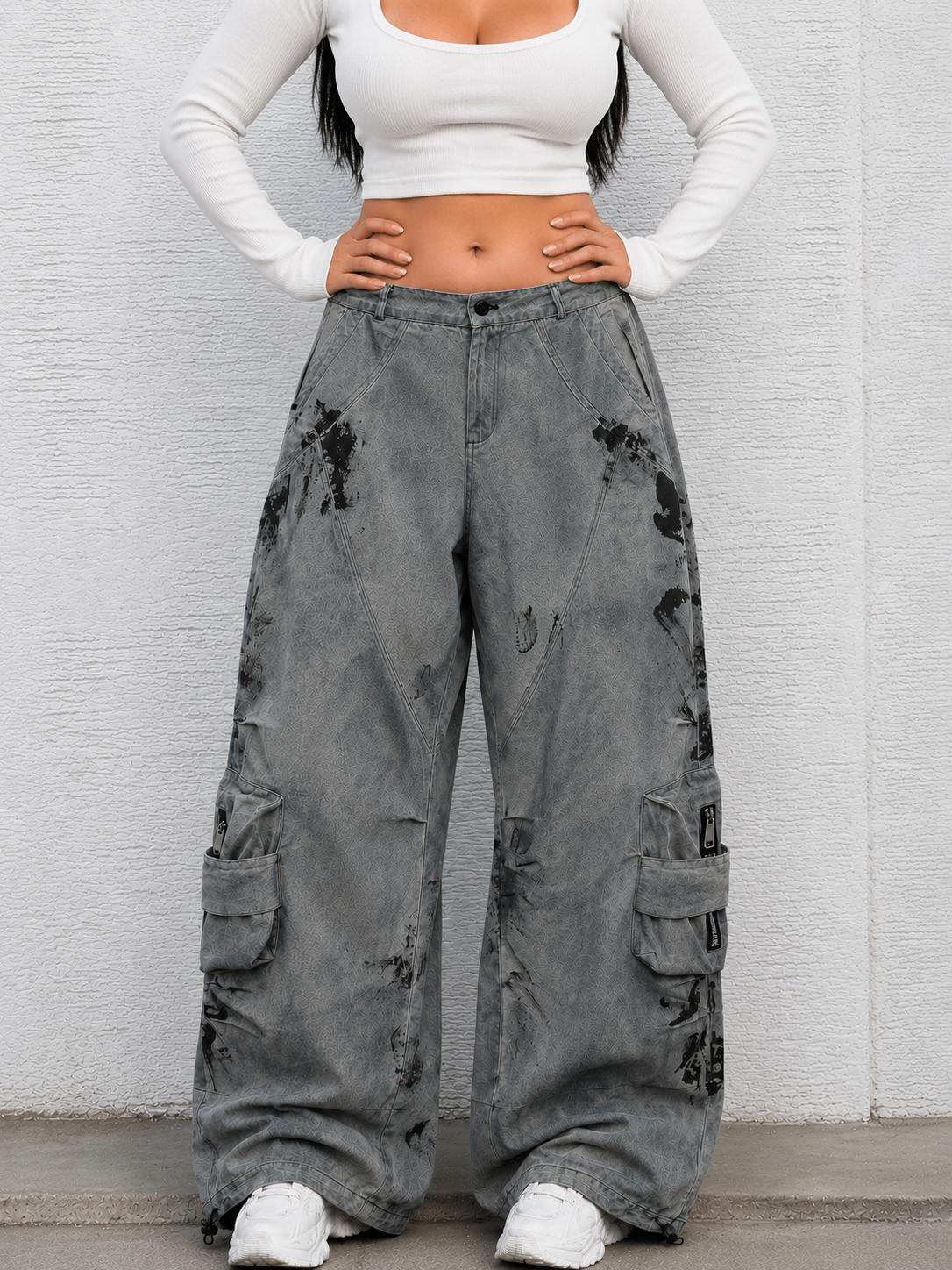 Women’s Concrete Canvas Graffiti Cargo Jeans – Washed Gray Baggy Wide-Leg Utility Denim Pants
