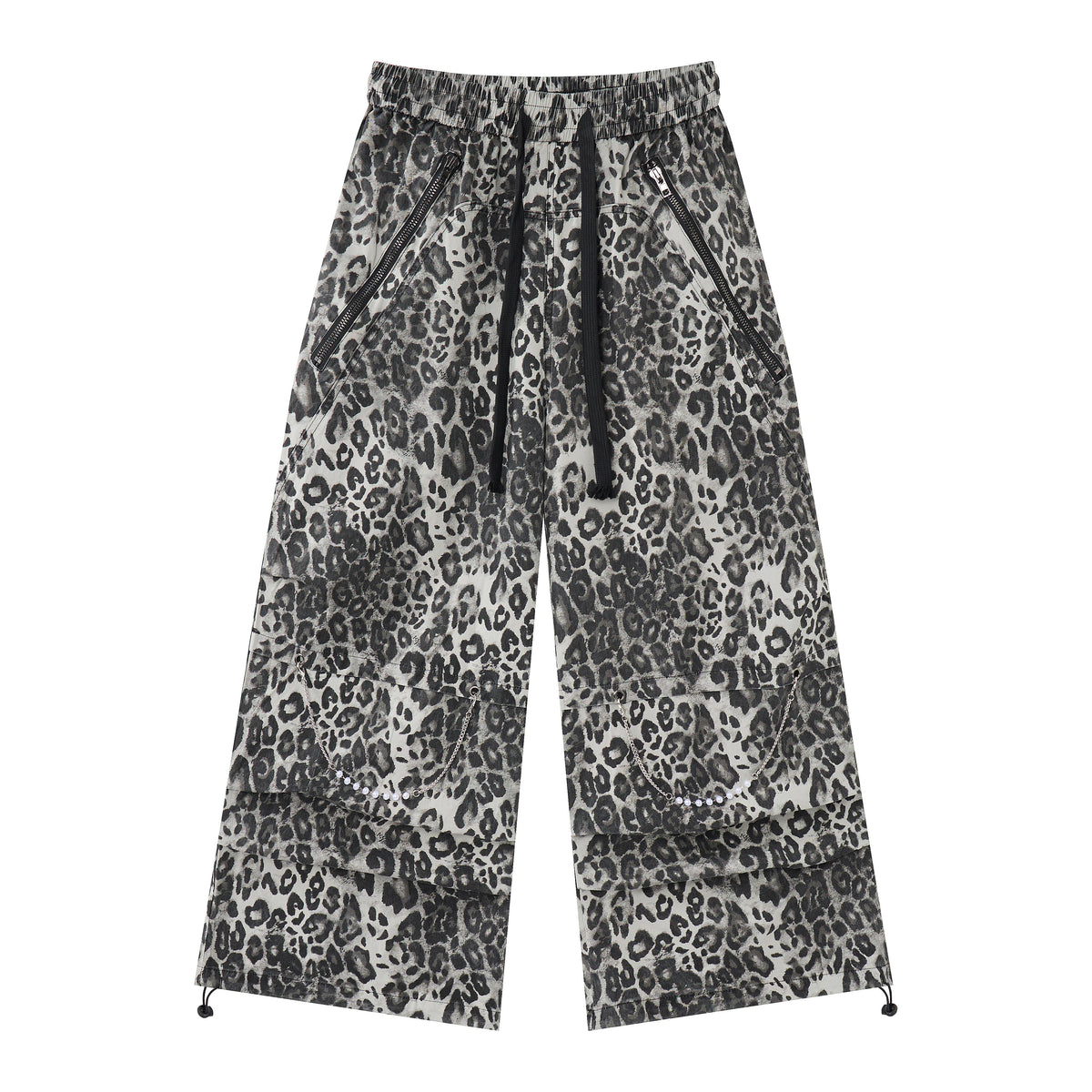Wild Instinct Women’s Leopard Print Cargo Pants – Baggy Wide-Leg Streetwear Pants with Zipper Pockets and Chain Details