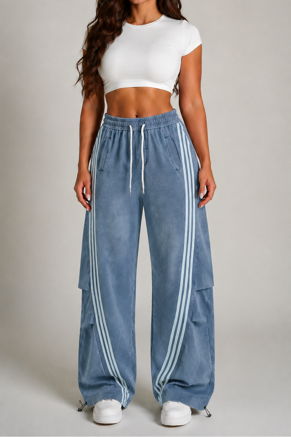 Women’s Vintage Washed Blue Triple-Stripe Baggy Wide-Leg Track Pants with Drawstring Waist and Pockets