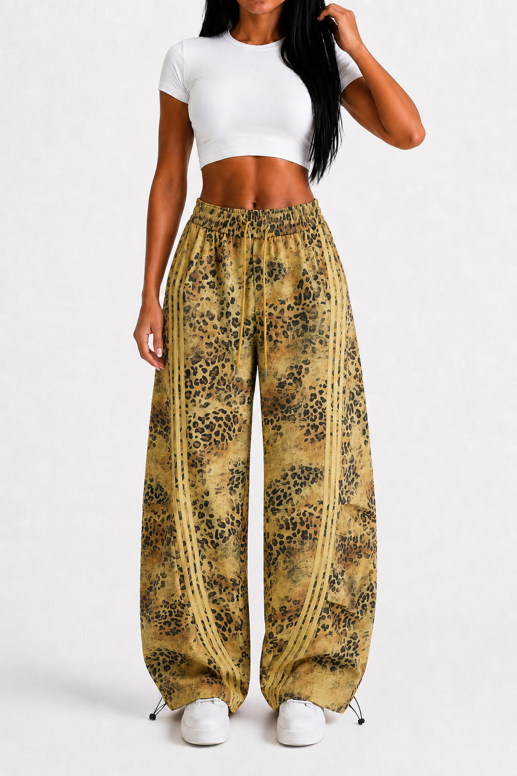 Wild Tempo Women’s Leopard Print Track Pants – Vintage-Wash Baggy Barrel-Leg Streetwear Pants with Side Stripes