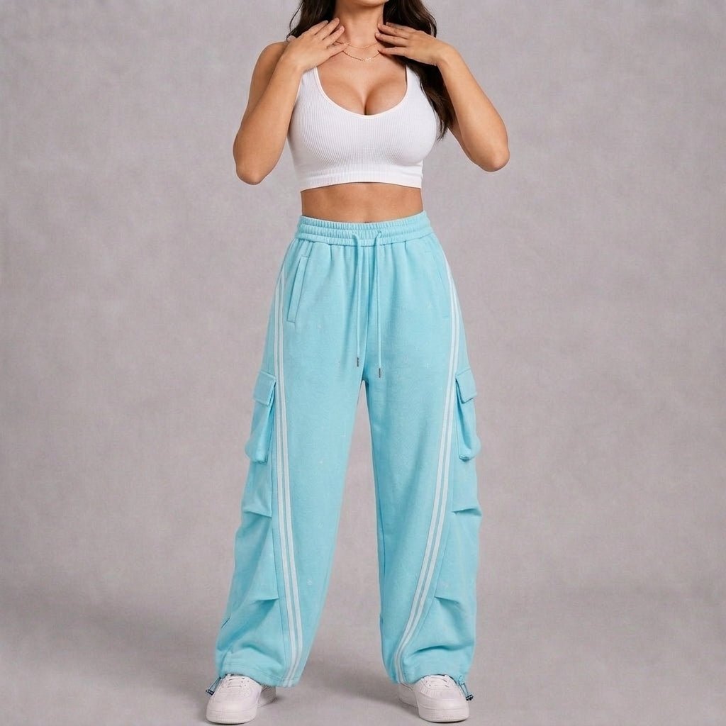 Women’s Aqua Skyline Cargo Pants – Relaxed Baggy Barrel Pants with White Racing Stripes