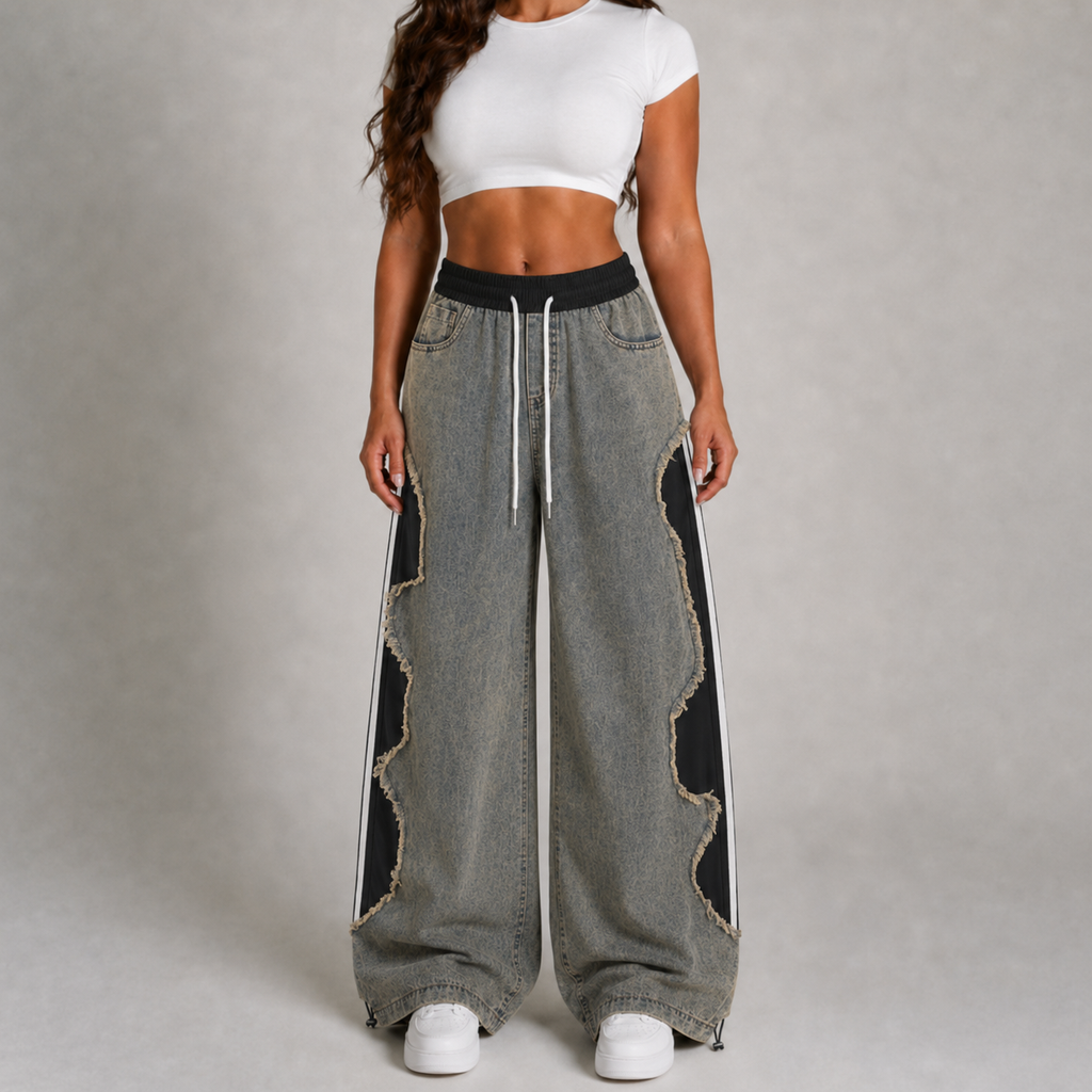 Women’s Vintage Wash Deconstructed Denim Track Pants – Black Contrast Baggy Wide-Leg Jeans (Copy)