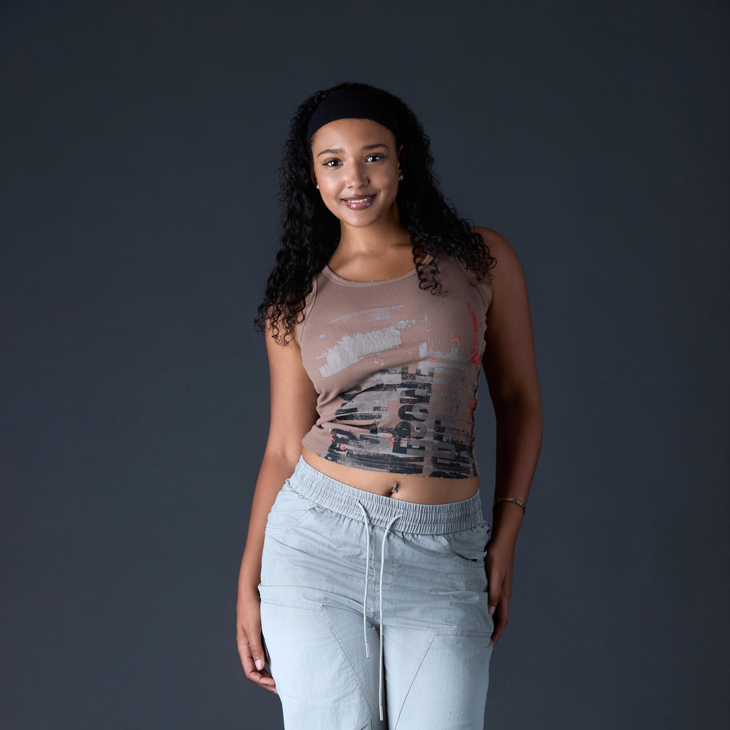 Women’s Vintage Graphic Ribbed Tank Top – Mocha Brown Y2K Streetwear Top