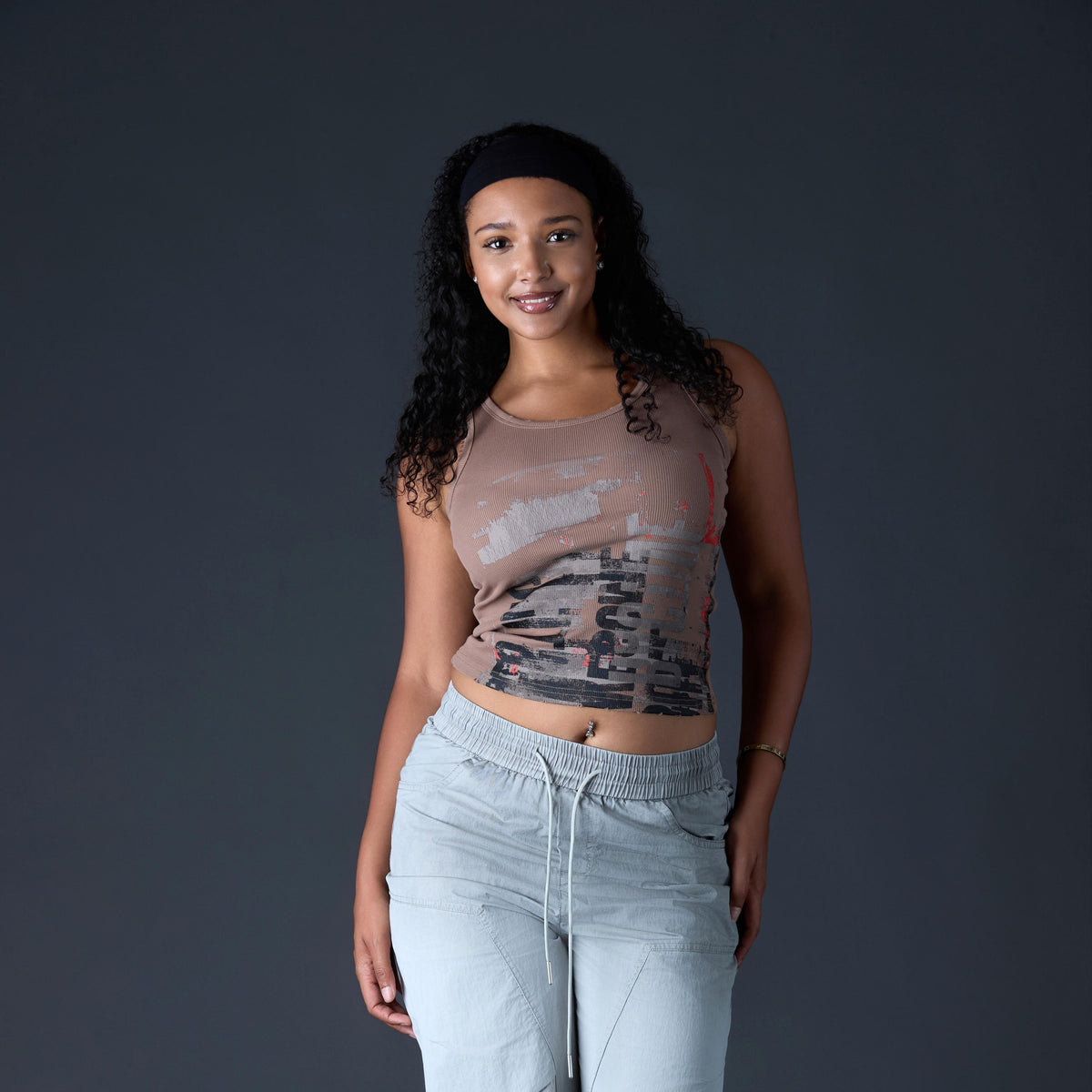Women’s Vintage Graphic Ribbed Tank Top – Mocha Brown Y2K Streetwear Top
