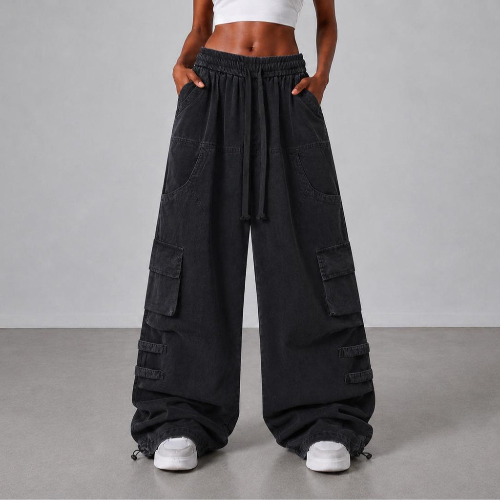 After Dark Women’s Washed Black Cargo Pants – Relaxed Wide-Leg Utility Streetwear Pants with Drawstring Waist