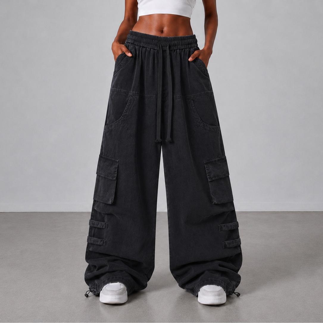 After Dark Women’s Washed Black Cargo Pants – Relaxed Wide-Leg Utility Streetwear Pants with Drawstring Waist