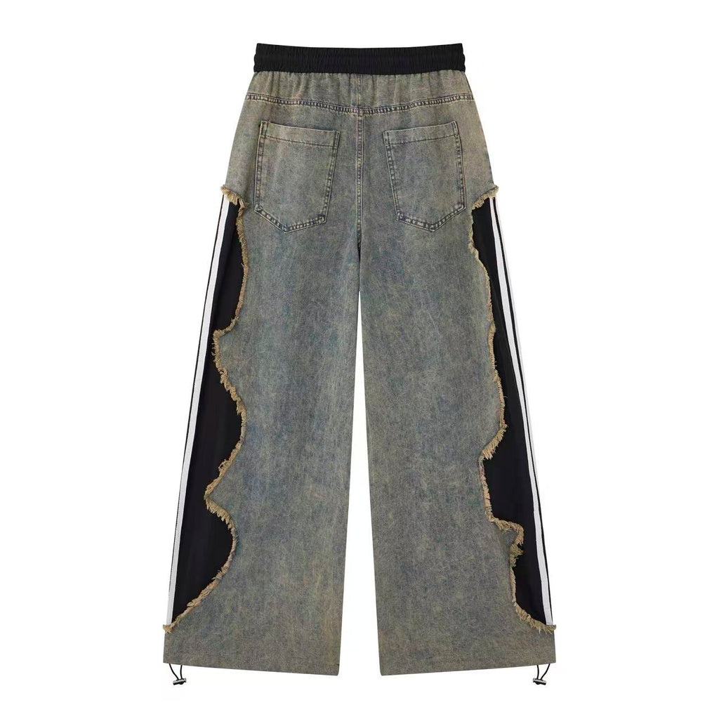 Women’s Vintage Wash Deconstructed Denim Track Pants – Black Contrast Baggy Wide-Leg Jeans (Copy)