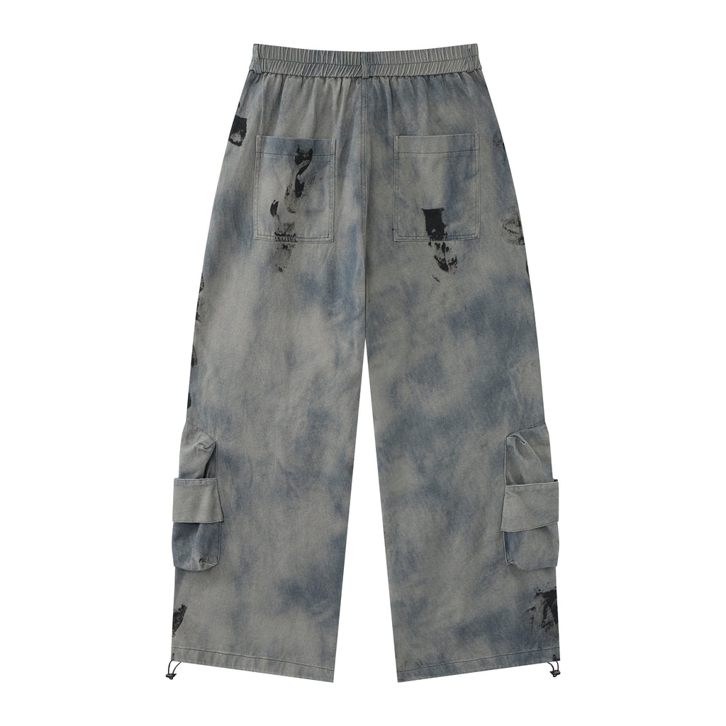 Women’s Concrete Canvas Graffiti Cargo Jeans – Washed Gray Baggy Wide-Leg Utility Denim Pants
