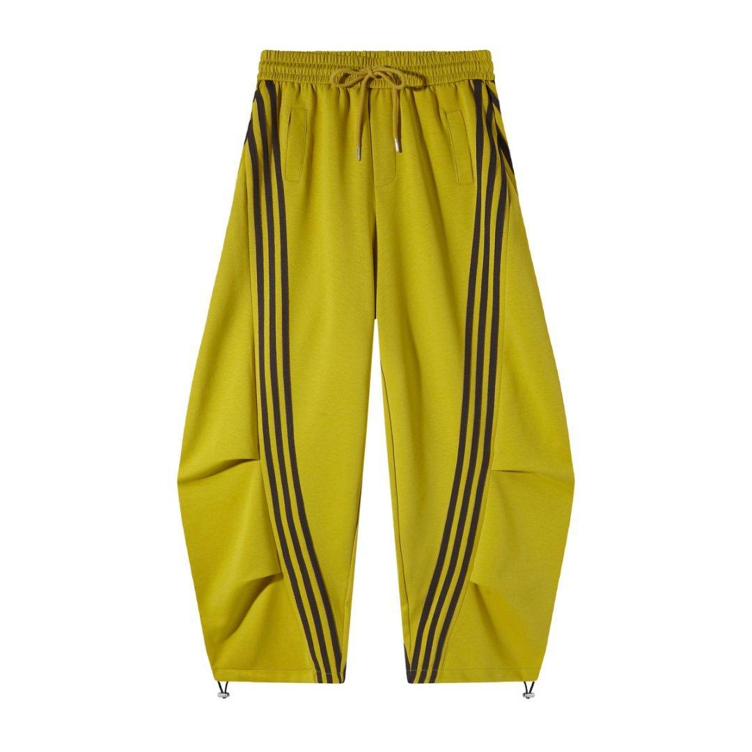 Women’s Retro Chartreuse Triple-Stripe Baggy Wide-Leg Track Pants with Elastic Drawstring Waist and Pockets