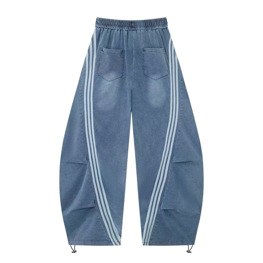 Women’s Vintage Washed Blue Triple-Stripe Baggy Wide-Leg Track Pants with Drawstring Waist and Pockets
