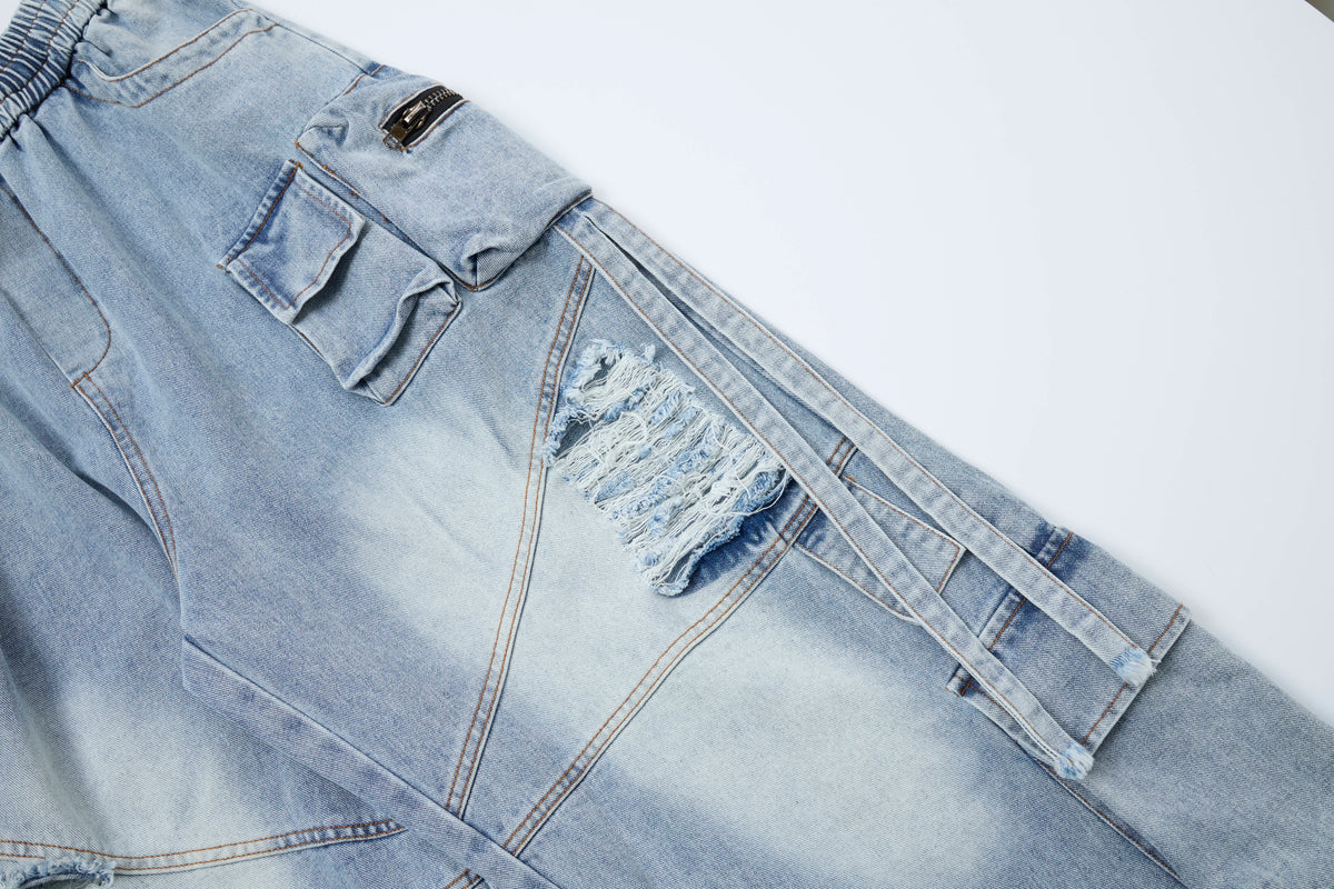 Blue Horizon Women’s Distressed Cargo Jeans – Light-Wash Baggy Wide-Leg Denim Pants with Utility Pockets