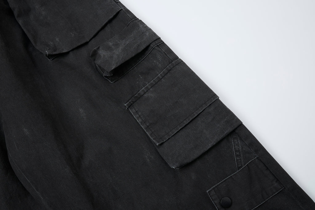 Noir Motion Women’s Washed Black Cargo Pants – Baggy Wide-Leg Utility Streetwear Pants with Multi-Pocket Detail