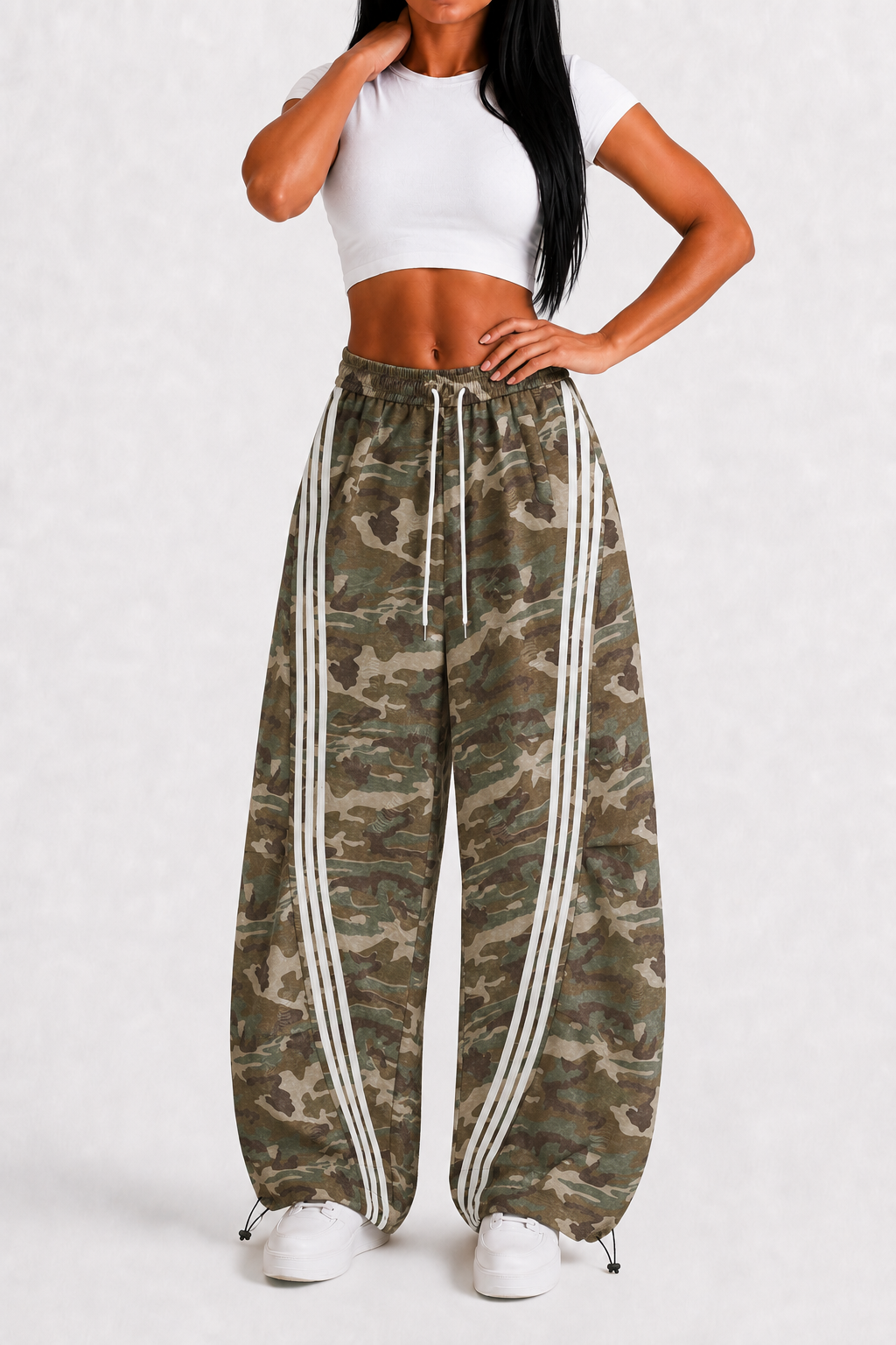 Aqua Recon Women’s Camo Track Pants – Baggy Barrel-Leg Streetwear Pants with Triple Side Stripes