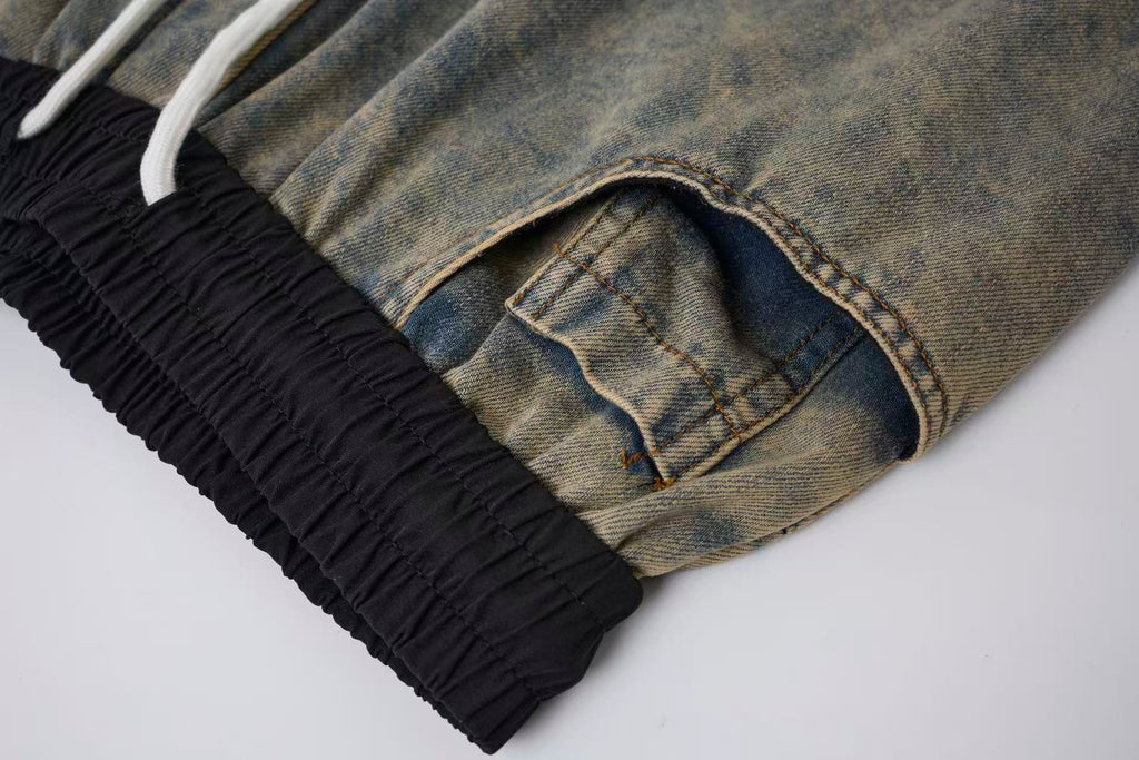 Women’s Vintage Wash Deconstructed Denim Track Pants – Black Contrast Baggy Wide-Leg Jeans (Copy)