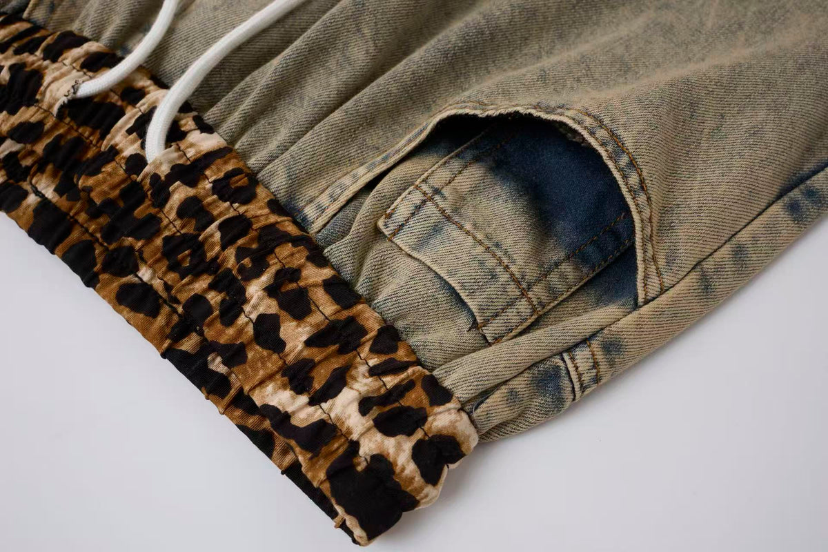 Women’s Leopard Panel Vintage-Wash Denim Track Pants – Deconstructed Baggy Straight-Leg Jeans