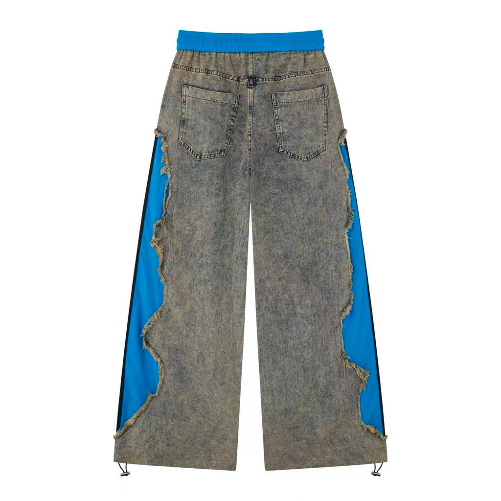 Pantalón de Mezclilla Vintage Gris con Paneles Azul Eléctrico y Corte Extra Ancho