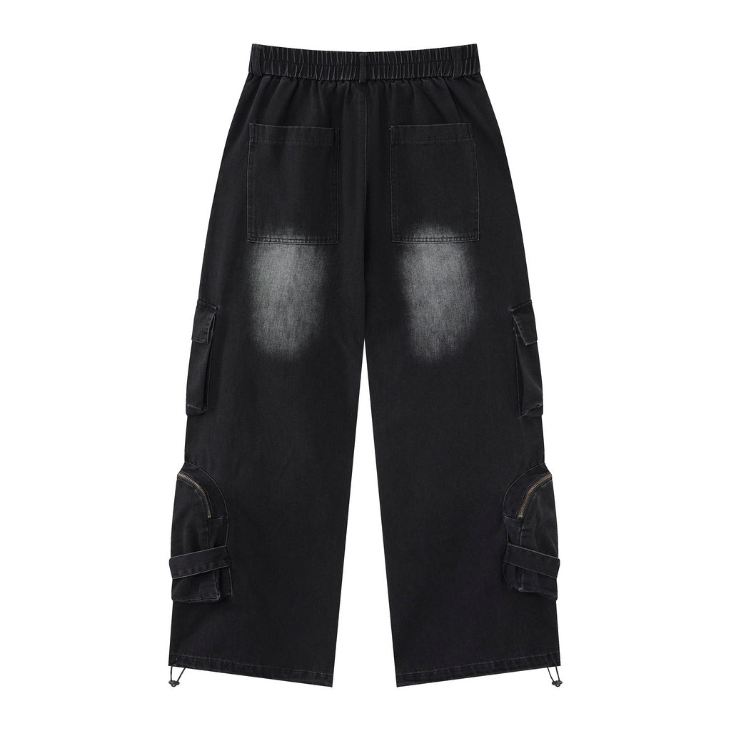 Shadow Ops Distressed Black Cargo Jeans – Relaxed Wide-Leg Utility Denim Pants with Multi-Pocket Detail