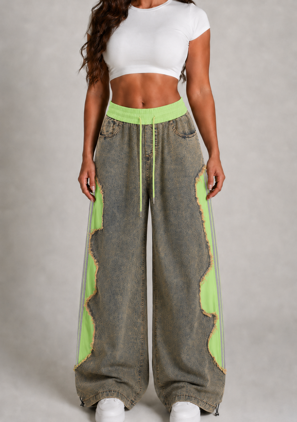 Women’s Vintage Wash Deconstructed Denim Track Pants – Neon Green Contrast Baggy Streetwear Jeans