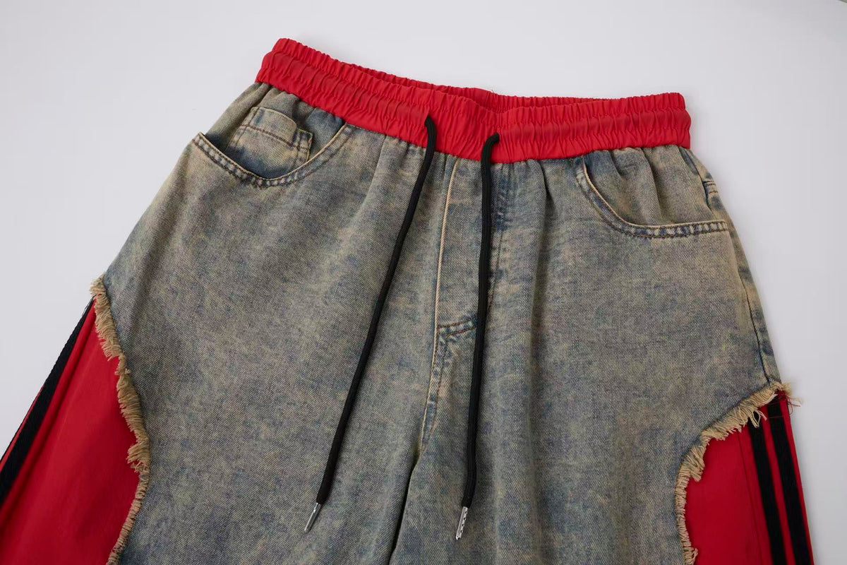 Women’s Vintage Wash Red Contrast Distressed Baggy Wide-Leg Jeans