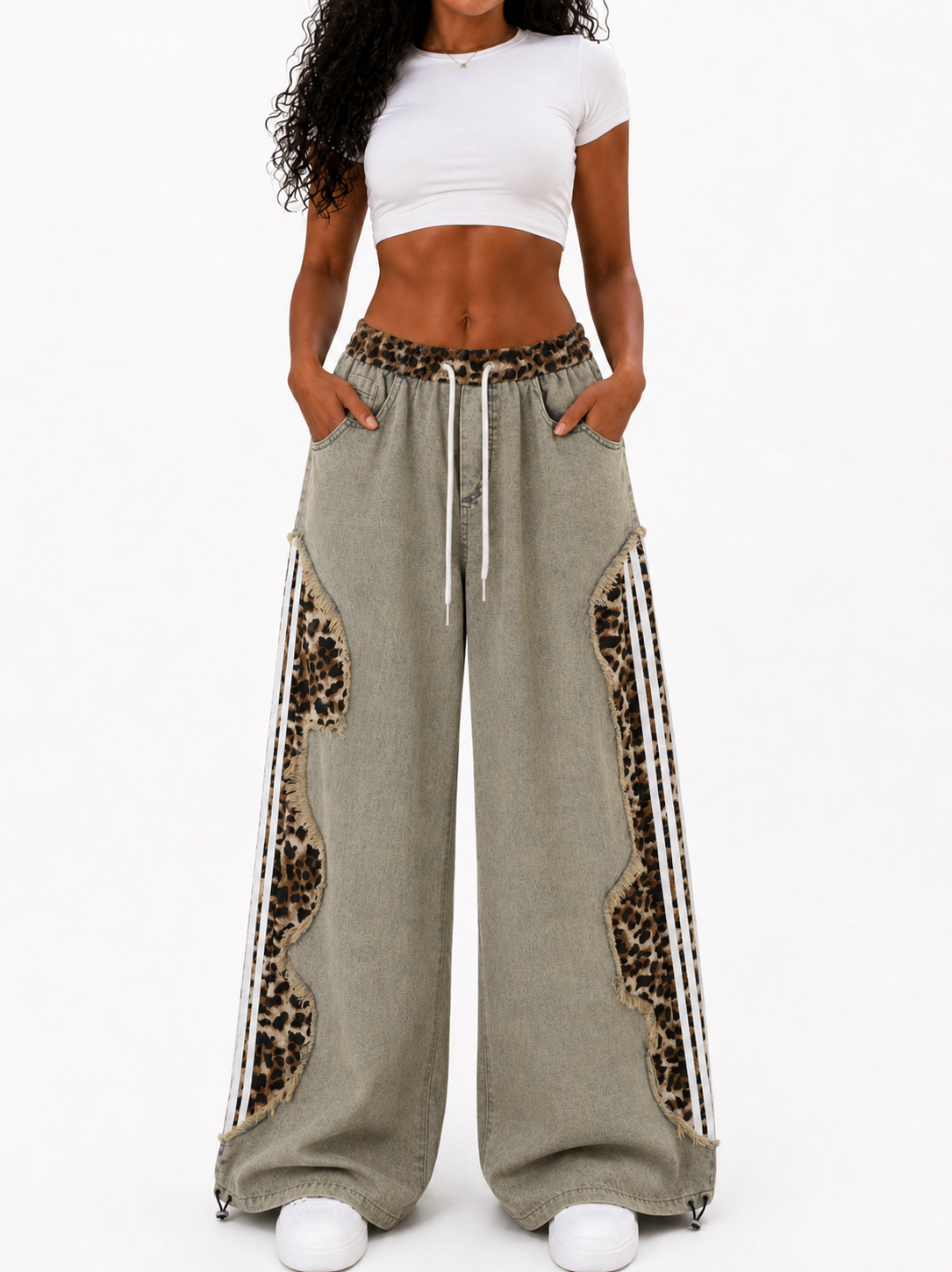 Women’s Leopard Panel Vintage-Wash Denim Track Pants – Deconstructed Baggy Straight-Leg Jeans