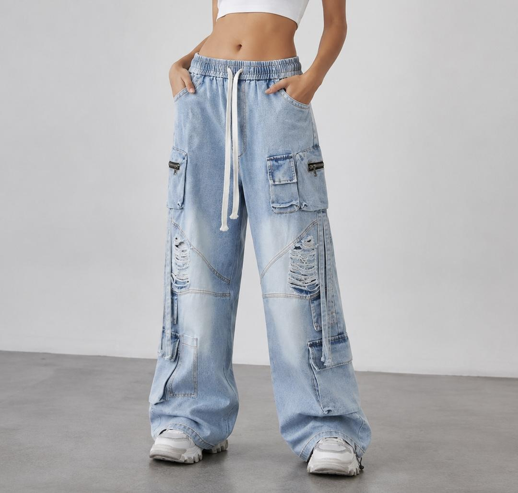Blue Horizon Women’s Distressed Cargo Jeans – Light-Wash Baggy Wide-Leg Denim Pants with Utility Pockets