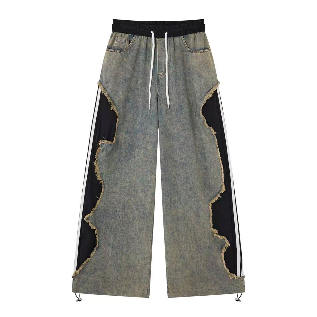 Women’s Vintage Wash Deconstructed Denim Track Pants – Black Contrast Baggy Wide-Leg Jeans (Copy)