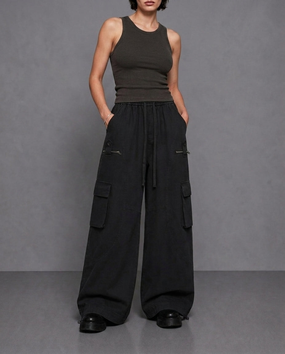 Wide-Leg Cargo Pants – Minimal Streetwear Drawstring Trousers