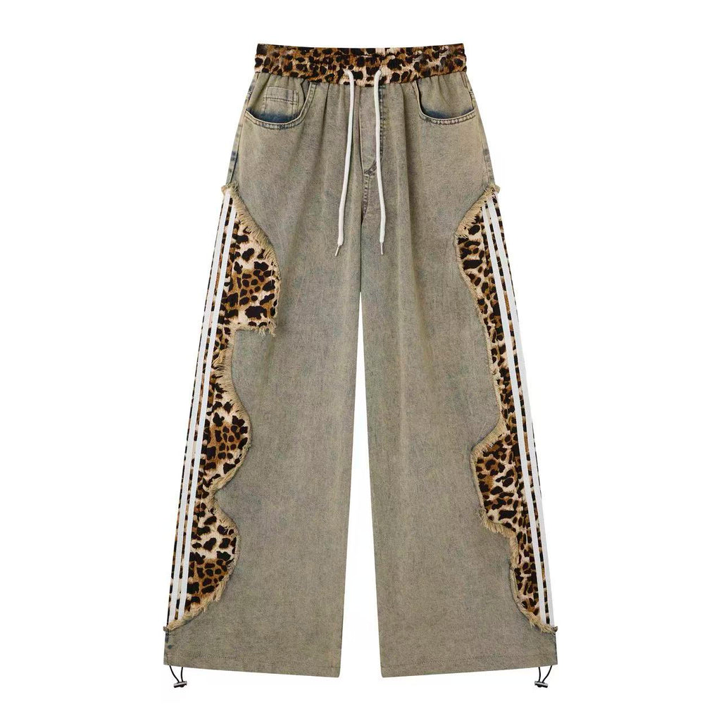 Women’s Leopard Panel Vintage-Wash Denim Track Pants – Deconstructed Baggy Straight-Leg Jeans