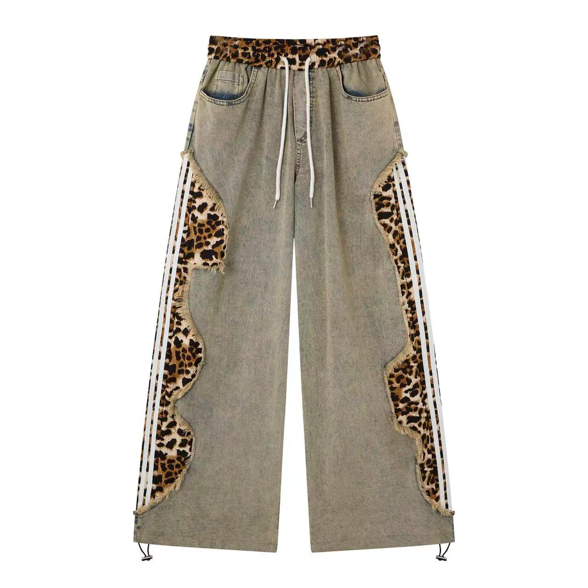Women’s Leopard Panel Vintage-Wash Denim Track Pants – Deconstructed Baggy Straight-Leg Jeans