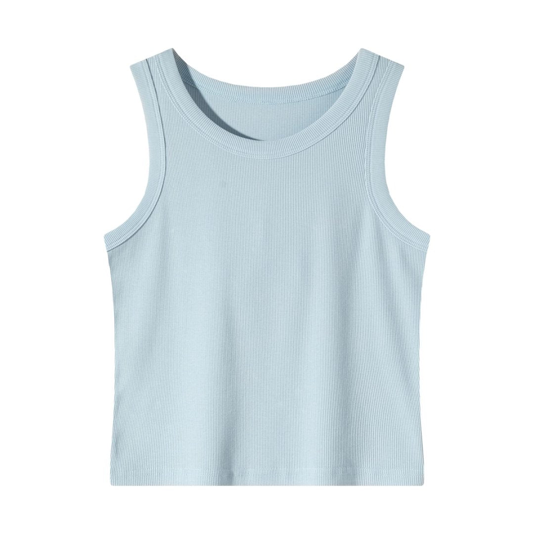 Women’s Blue Ribbed Fitted Tank Top – Sleeveless Scoop Neck Cropped Summer Basic Top