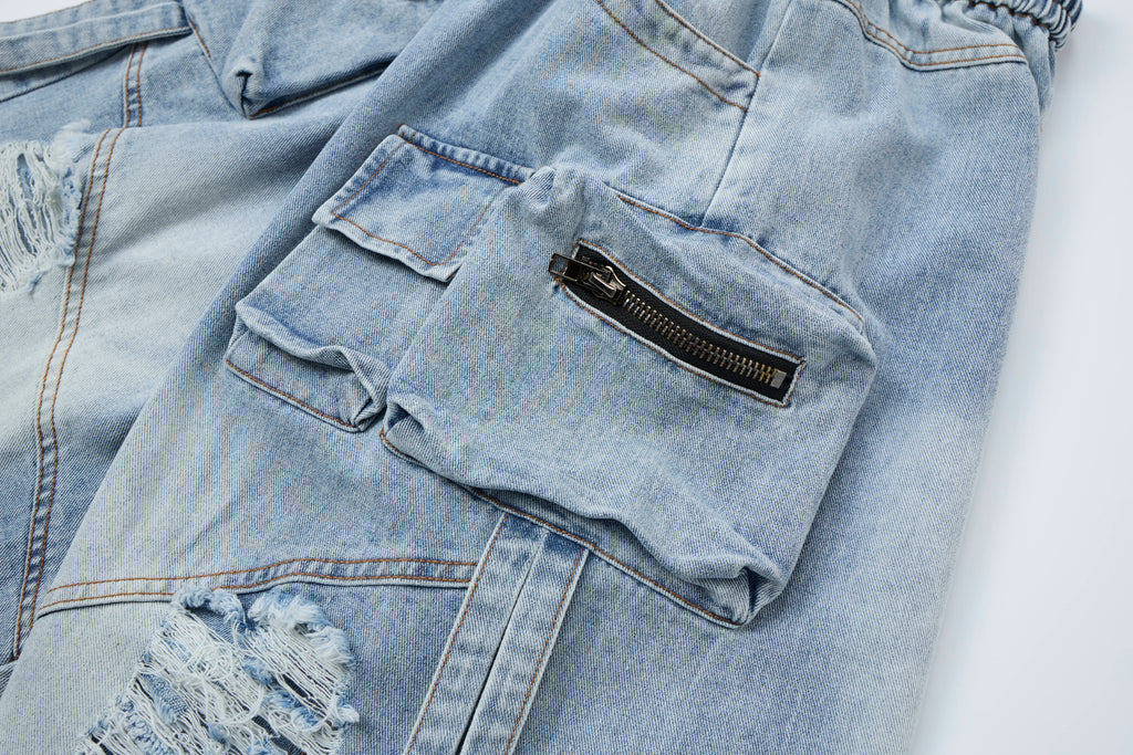 Blue Horizon Women’s Distressed Cargo Jeans – Light-Wash Baggy Wide-Leg Denim Pants with Utility Pockets