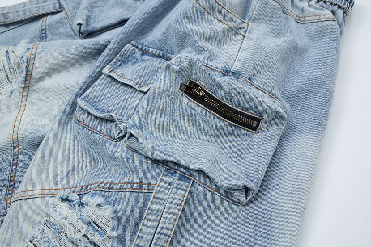 Blue Horizon Women’s Distressed Cargo Jeans – Light-Wash Baggy Wide-Leg Denim Pants with Utility Pockets