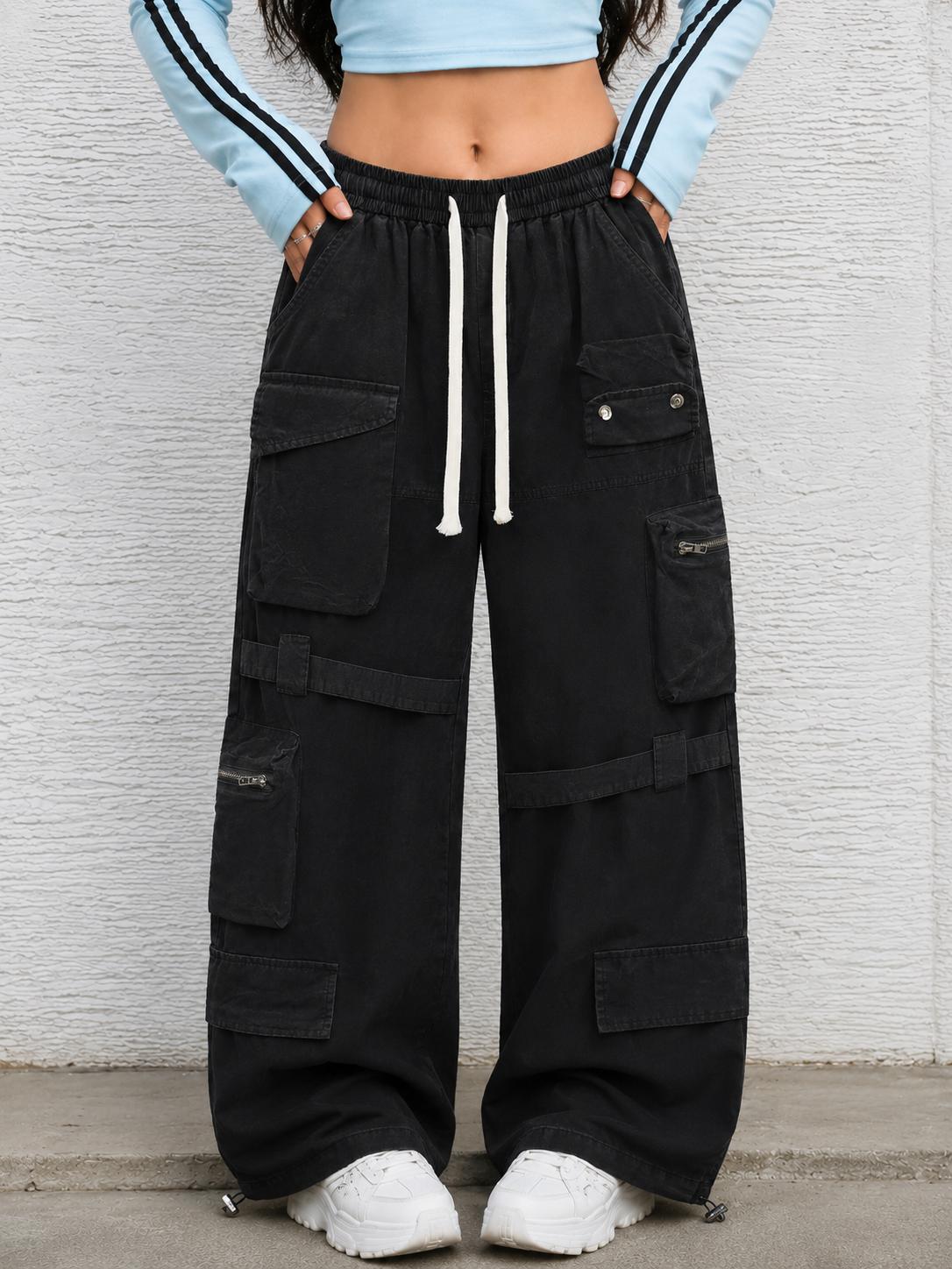 Midnight Rebel Women’s Multi-Pocket Cargo Pants – Washed Black Baggy Wide-Leg Streetwear Pants with Drawstring Waist