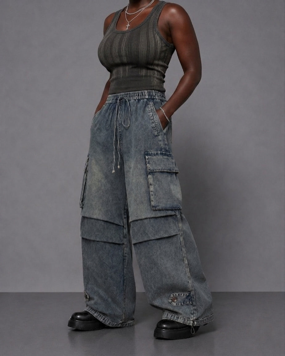 Washed Denim Cargo Baggy Pants – Elastic Waist Utility Wide Fit