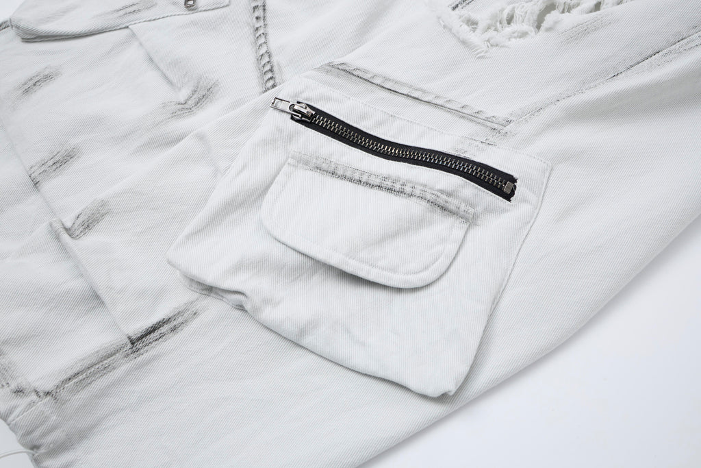 Women’s Arctic Rebel Distressed Cargo Jeans – White Baggy Wide-Leg Denim Pants with Zipper Details