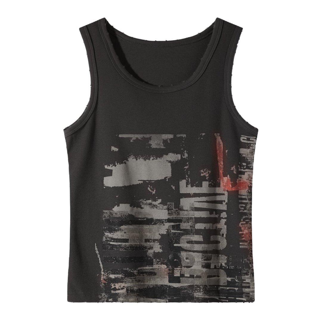 Women’s Vintage Graphic Ribbed Tank Top – Mocha Brown Y2K Streetwear Top