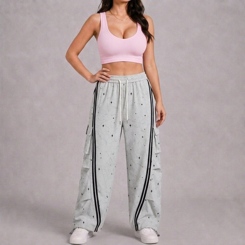 Women’s Afterglow Star-Print Cargo Pants – White Washed Baggy Barrel Pants with Black Racing Stripes
