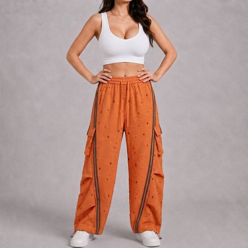 Women’s Solar Flare Star-Print Barrel Cargo Pants – Vintage-Wash Orange Baggy Streetwear Trousers