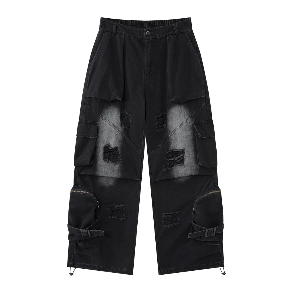 Shadow Ops Distressed Black Cargo Jeans – Relaxed Wide-Leg Utility Denim Pants with Multi-Pocket Detail