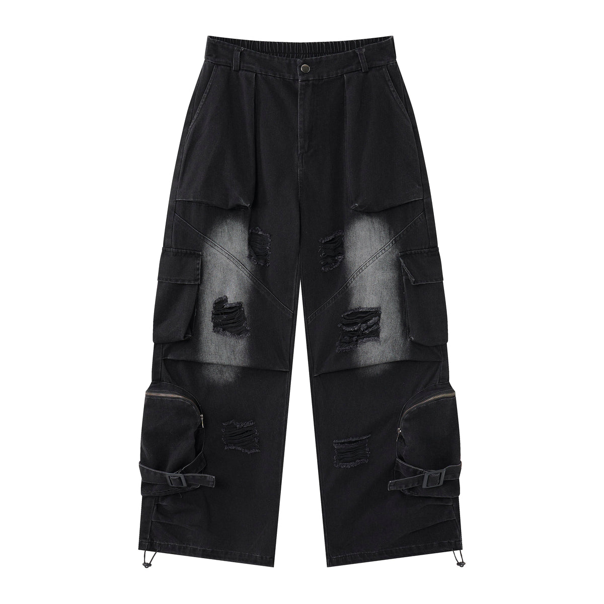 Shadow Ops Distressed Black Cargo Jeans – Relaxed Wide-Leg Utility Denim Pants with Multi-Pocket Detail