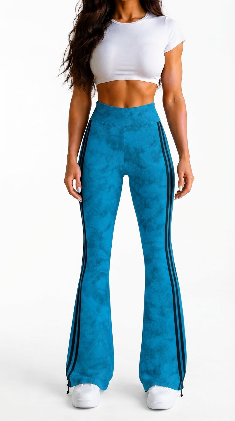 Women’s Azure Mineral-Wash Flare Yoga Pants – High-Rise Contrast-Stripe Leggings